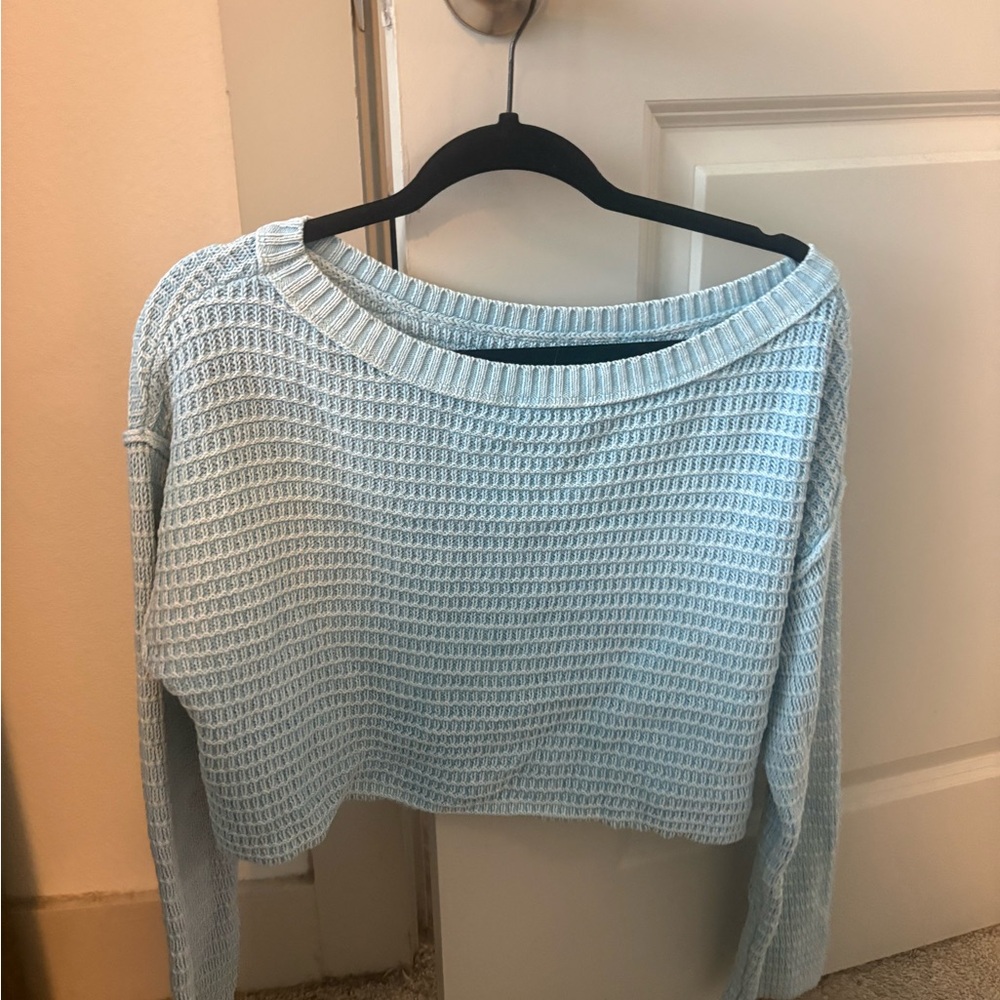 Nordstrom Light Blue Cropped Waffle-Knit Crew Sweater